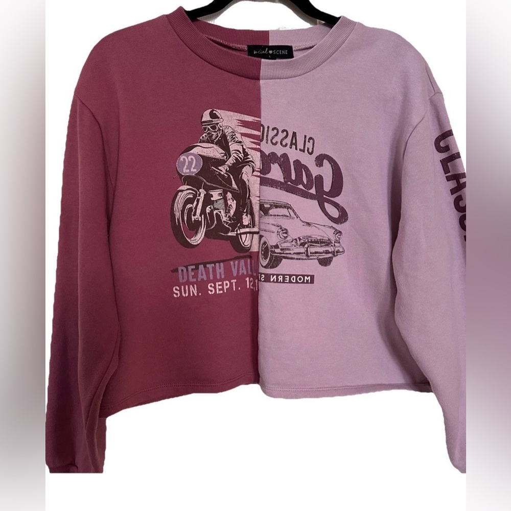 Social Scene Graphic Cropped Sweatshirt L Colorblock Split Retro Grunge Y2K